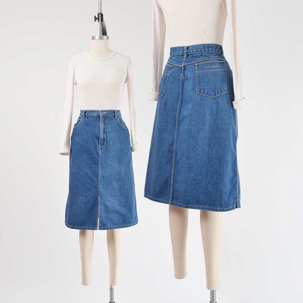 Vintage 80s Gloria Vanderbilt Denim High Waist Blue Jean Midi Skirt L 10 12